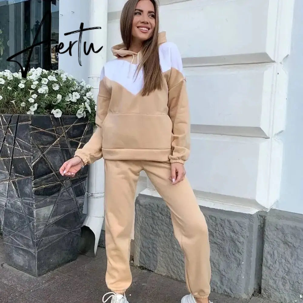 Casual Hooded Sweatshirt Women Suit Spliced Long Sleeve Pullover Female 2 Piece Sets  Elastic Waist Jogging Pants Lady Set Aiertu