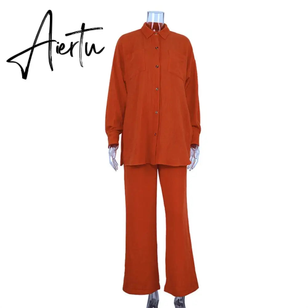 Casual Loose Home Suit Two Piece Pants Set Women Fashion Long Sleeve Blouses Matching Wide Trousers Suit Lace-Up Pant Sets Aiertu