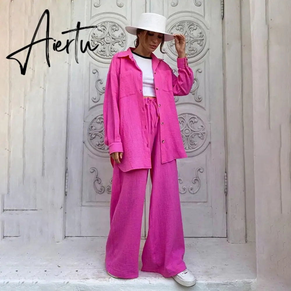 Casual Loose Home Suit Two Piece Pants Set Women Fashion Long Sleeve Blouses Matching Wide Trousers Suit Lace-Up Pant Sets Aiertu