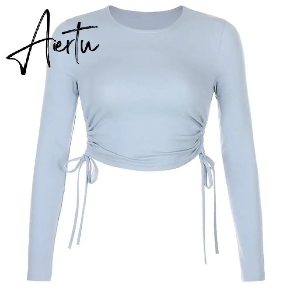 Casual Solid O-Neck Long Sleeve Crop Top Women Pullover Side Drawstring Sweatshirt Ruched White T-Shirt Tee Shirt Women Clothing Aiertu