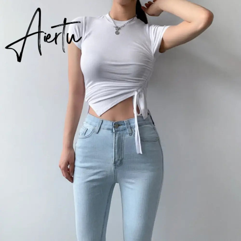 Casual Solid O-Neck Long Sleeve Crop Top Women Pullover Side Drawstring Sweatshirt Ruched White T-Shirt Tee Shirt Women Clothing Aiertu