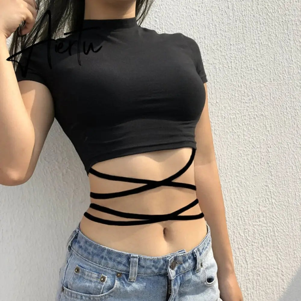 Casual Solid O-Neck Long Sleeve Crop Top Women Pullover Side Drawstring Sweatshirt Ruched White T-Shirt Tee Shirt Women Clothing Aiertu