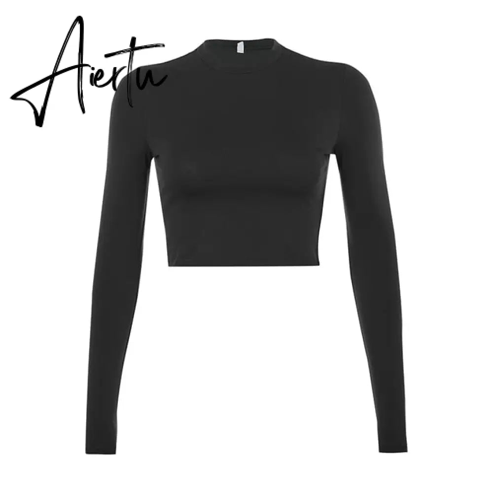 Casual Solid O-Neck Long Sleeve Crop Top Women Pullover Side Drawstring Sweatshirt Ruched White T-Shirt Tee Shirt Women Clothing Aiertu