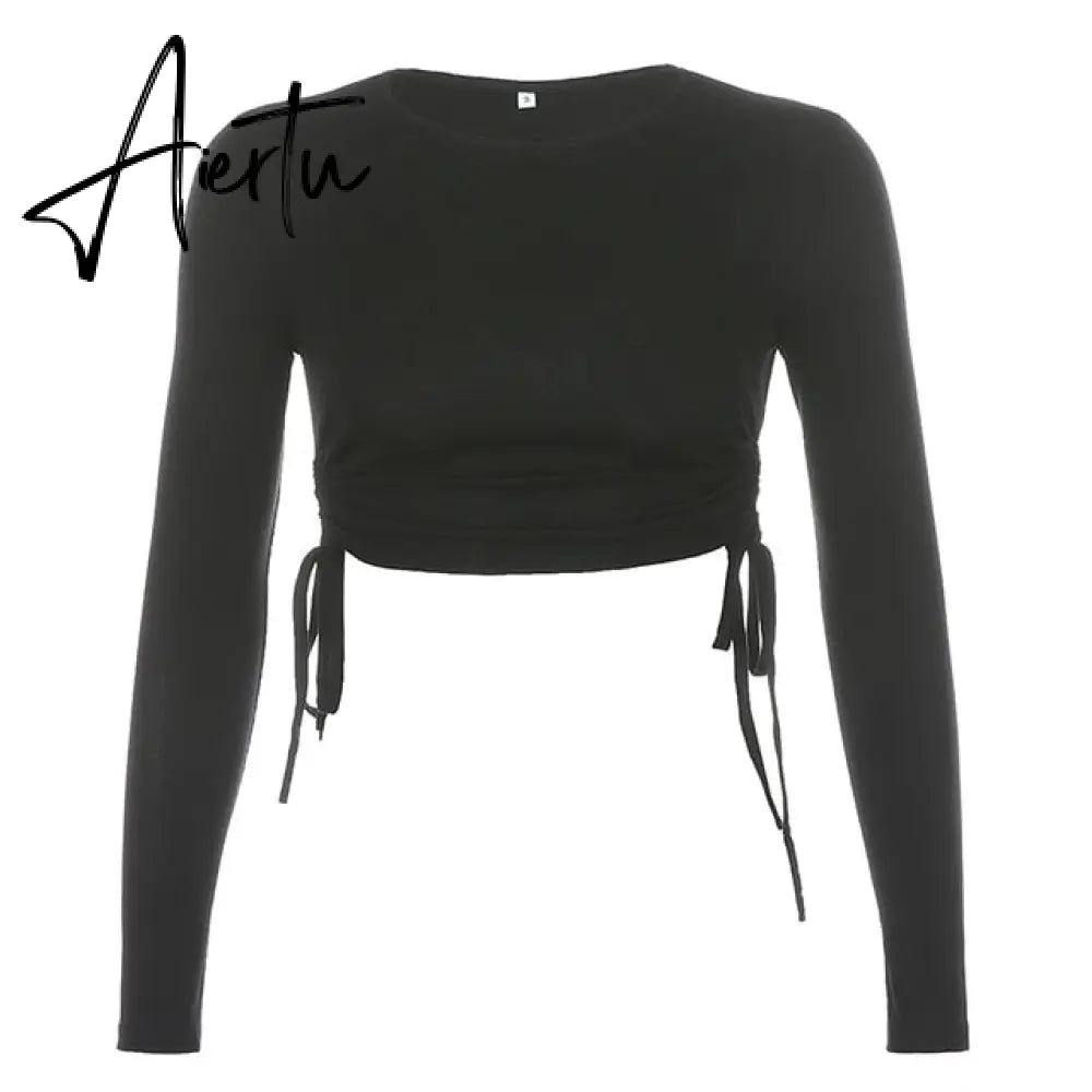 Casual Solid O-Neck Long Sleeve Crop Top Women Pullover Side Drawstring Sweatshirt Ruched White T-Shirt Tee Shirt Women Clothing Aiertu