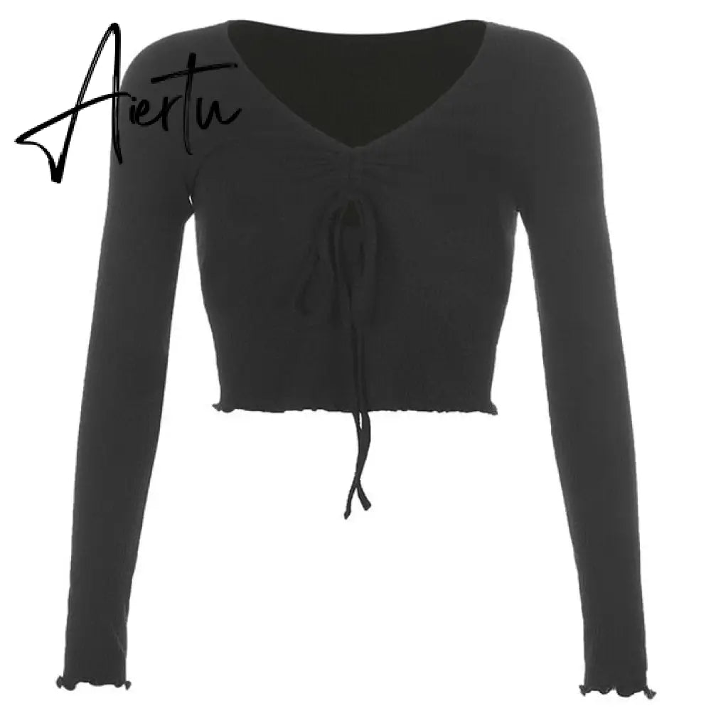 Casual Solid O-Neck Long Sleeve Crop Top Women Pullover Side Drawstring Sweatshirt Ruched White T-Shirt Tee Shirt Women Clothing Aiertu