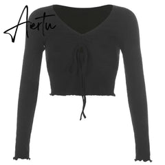 Casual Solid O-Neck Long Sleeve Crop Top Women Pullover Side Drawstring Sweatshirt Ruched White T-Shirt Tee Shirt Women Clothing Aiertu