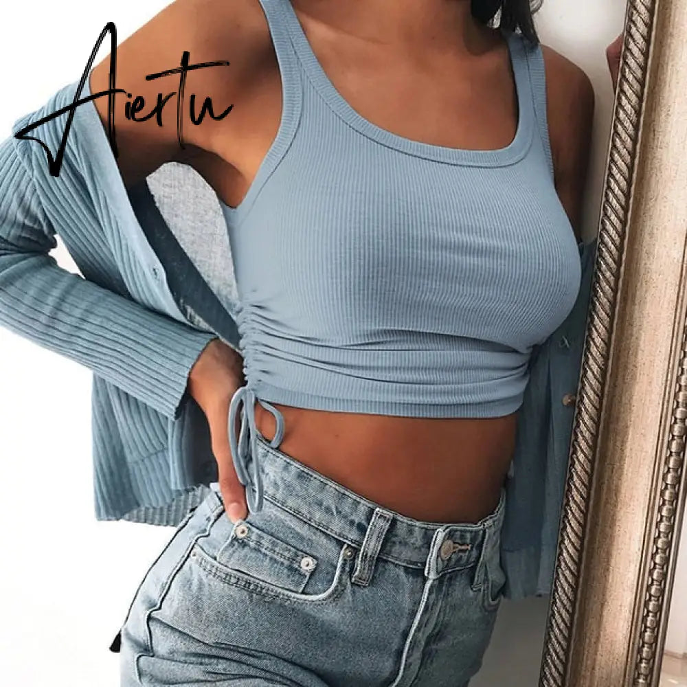 Casual Solid O-Neck Long Sleeve Crop Top Women Pullover Side Drawstring Sweatshirt Ruched White T-Shirt Tee Shirt Women Clothing Aiertu