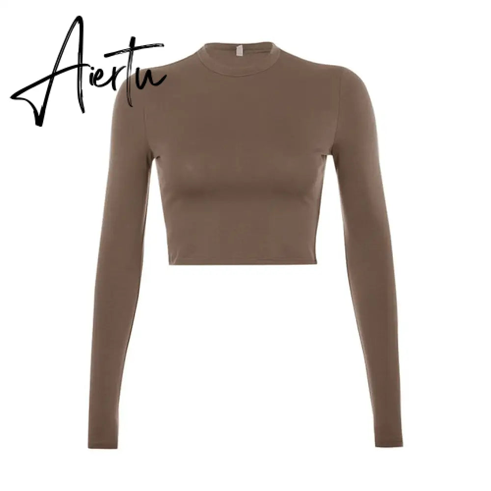 Casual Solid O-Neck Long Sleeve Crop Top Women Pullover Side Drawstring Sweatshirt Ruched White T-Shirt Tee Shirt Women Clothing Aiertu