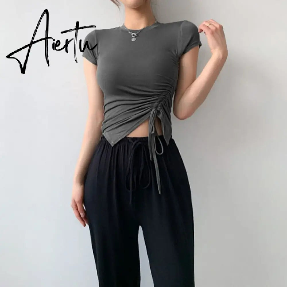 Casual Solid O-Neck Long Sleeve Crop Top Women Pullover Side Drawstring Sweatshirt Ruched White T-Shirt Tee Shirt Women Clothing Aiertu