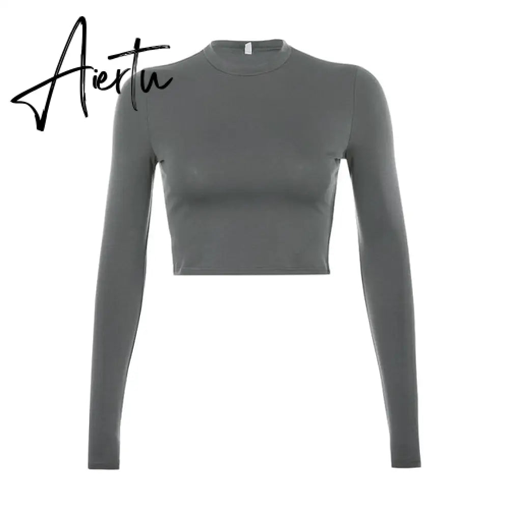 Casual Solid O-Neck Long Sleeve Crop Top Women Pullover Side Drawstring Sweatshirt Ruched White T-Shirt Tee Shirt Women Clothing Aiertu