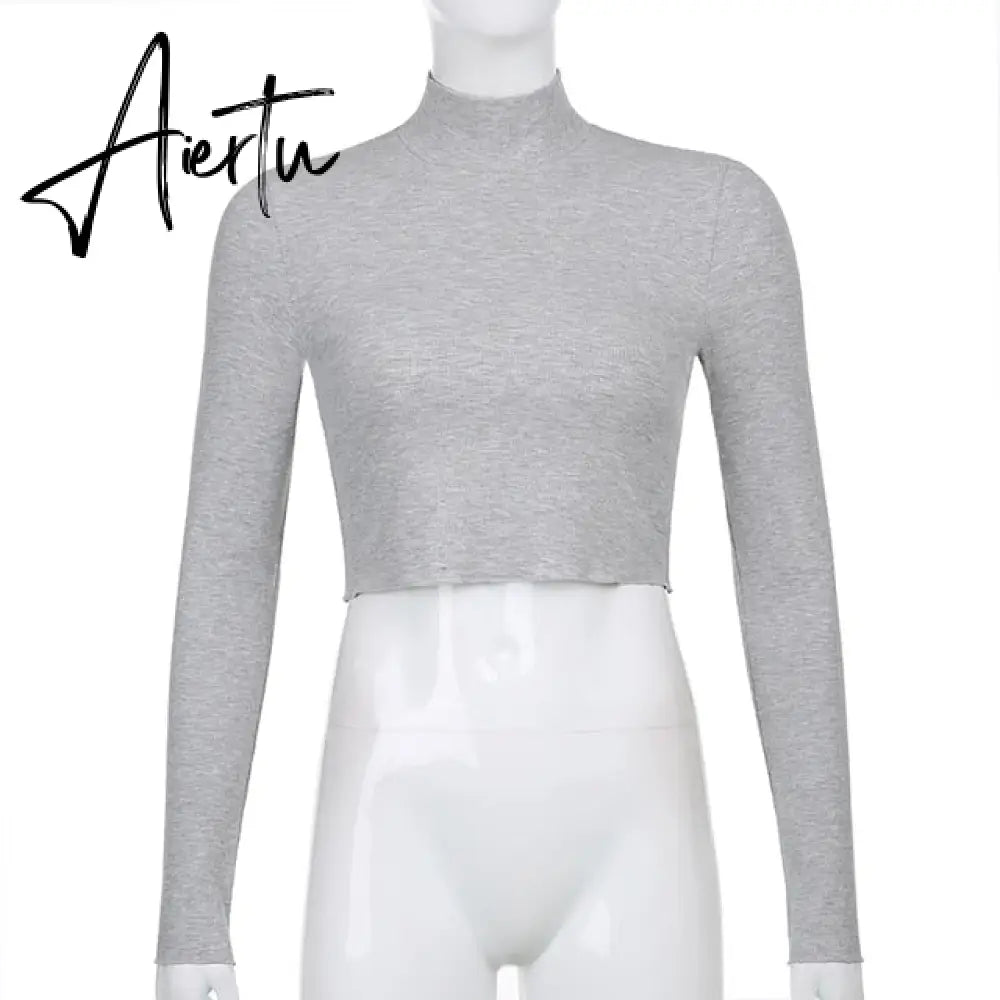 Casual Solid O-Neck Long Sleeve Crop Top Women Pullover Side Drawstring Sweatshirt Ruched White T-Shirt Tee Shirt Women Clothing Aiertu