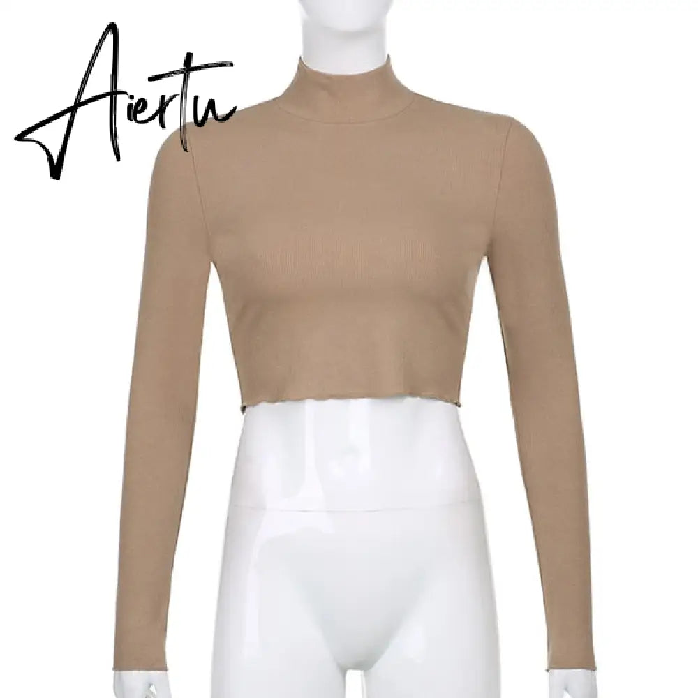 Casual Solid O-Neck Long Sleeve Crop Top Women Pullover Side Drawstring Sweatshirt Ruched White T-Shirt Tee Shirt Women Clothing Aiertu