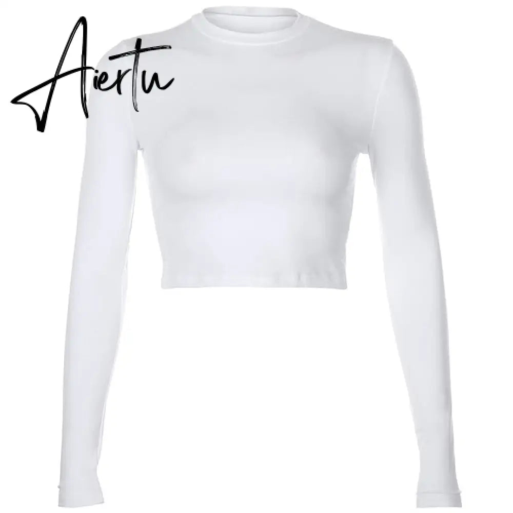 Casual Solid O-Neck Long Sleeve Crop Top Women Pullover Side Drawstring Sweatshirt Ruched White T-Shirt Tee Shirt Women Clothing Aiertu