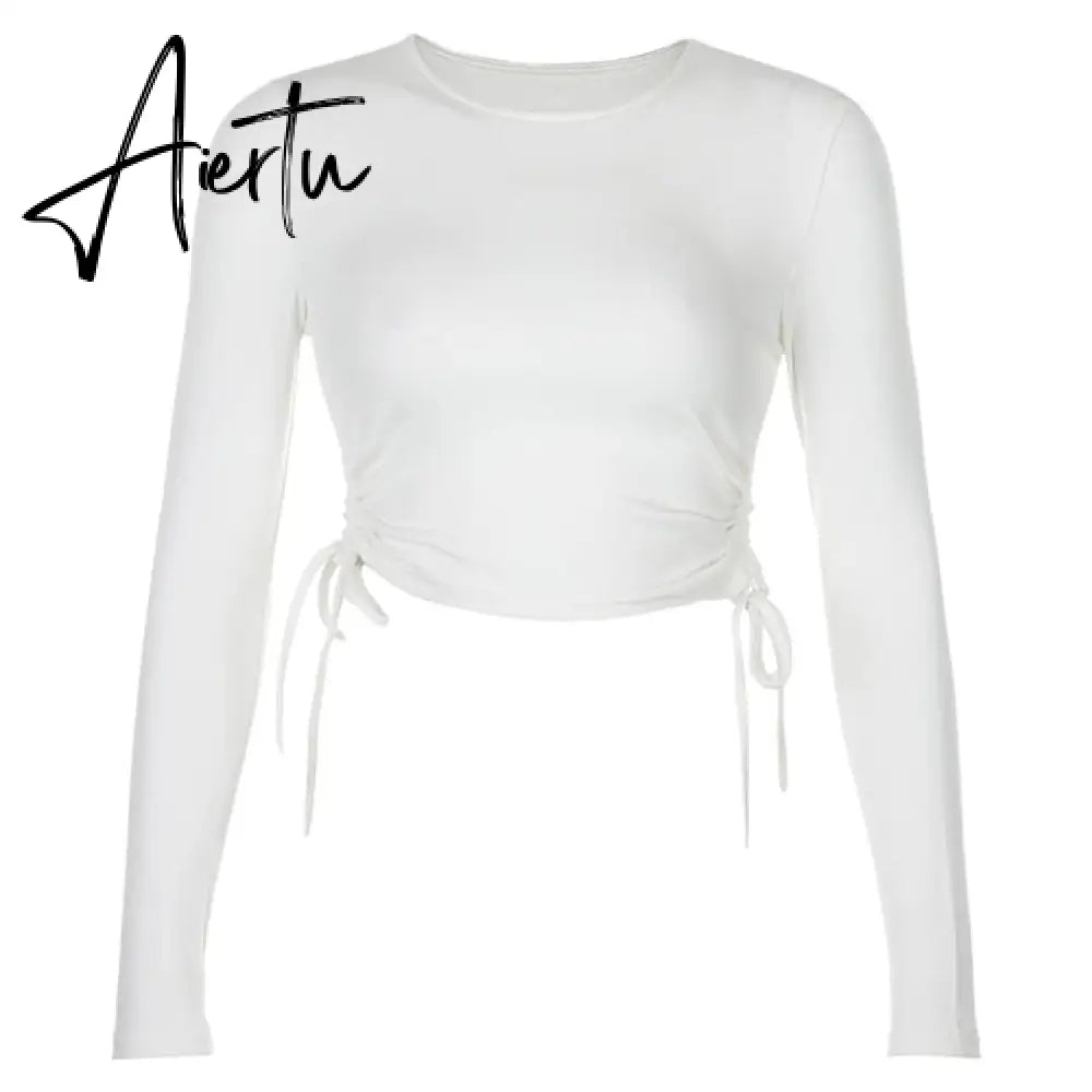 Casual Solid O-Neck Long Sleeve Crop Top Women Pullover Side Drawstring Sweatshirt Ruched White T-Shirt Tee Shirt Women Clothing Aiertu