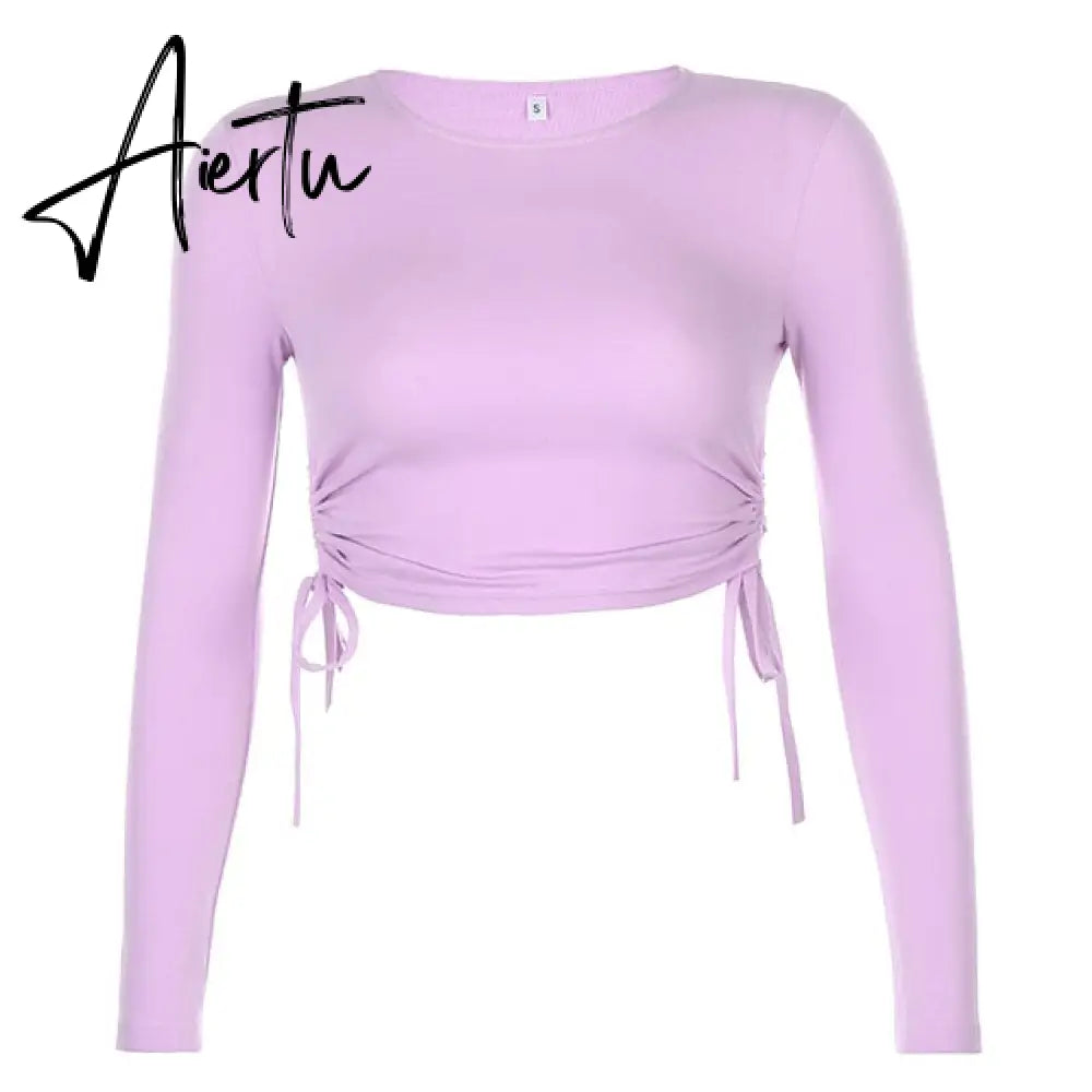 Casual Solid O-Neck Long Sleeve Crop Top Women Pullover Side Drawstring Sweatshirt Ruched White T-Shirt Tee Shirt Women Clothing Aiertu