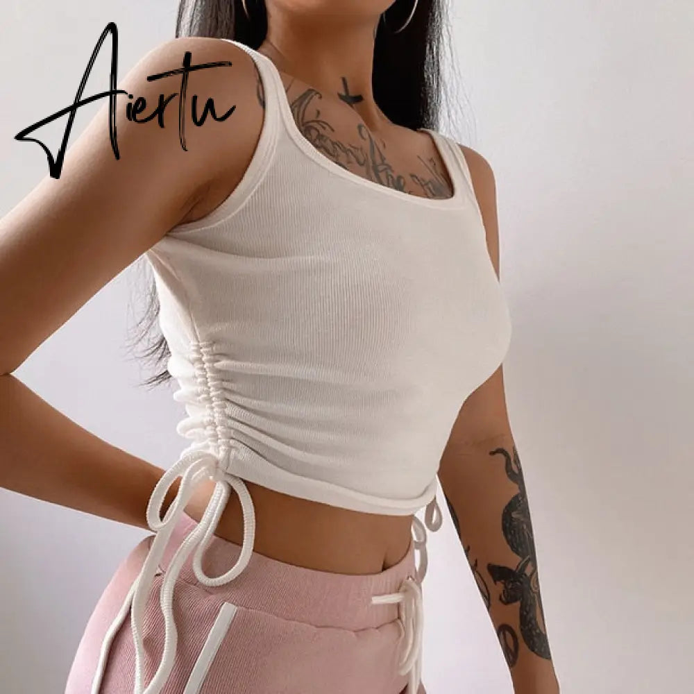 Casual Solid O-Neck Long Sleeve Crop Top Women Pullover Side Drawstring Sweatshirt Ruched White T-Shirt Tee Shirt Women Clothing Aiertu