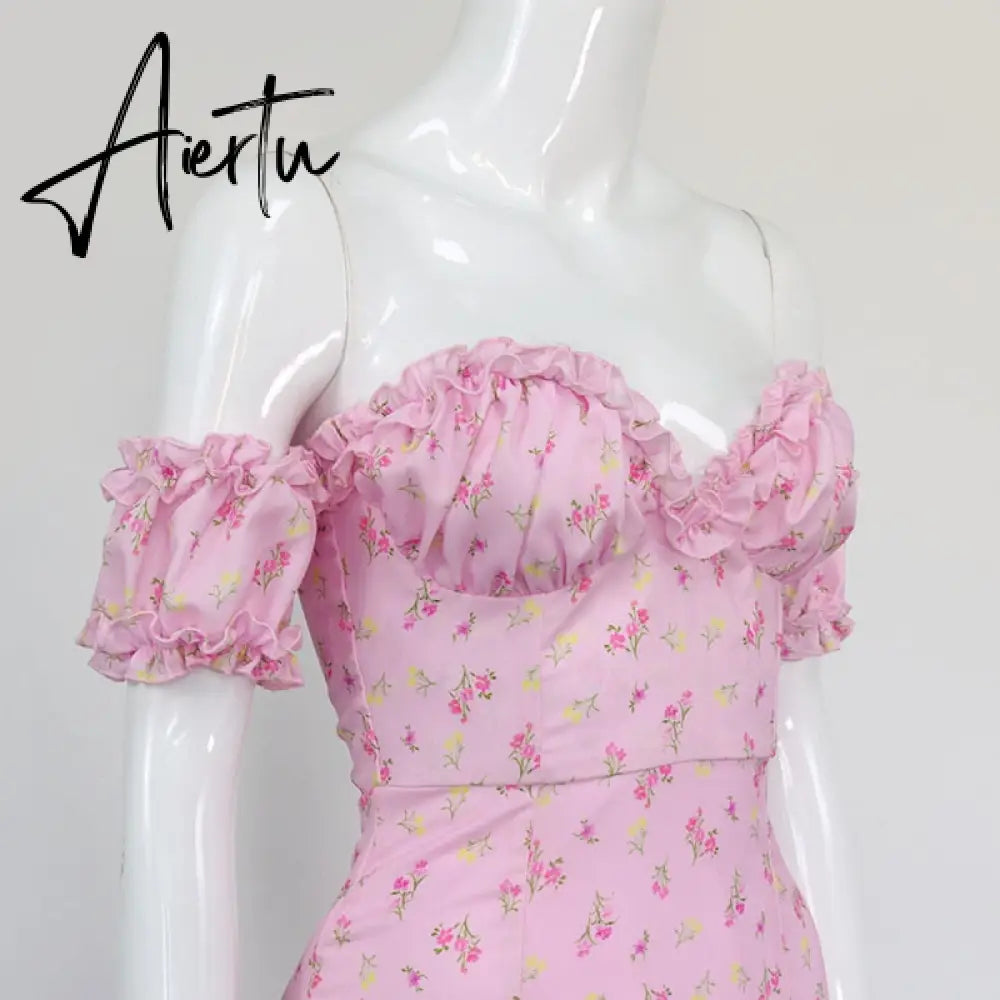Casual Wear Summer High Quality Sexy Pink Dress Broken Off The Shoulder Backless Printing Dresses Long Skirt Women'S Clothing Aiertu