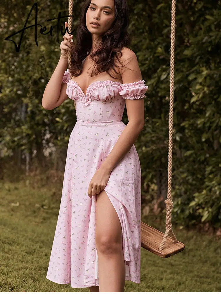 Casual Wear Summer High Quality Sexy Pink Dress Broken Off The Shoulder Backless Printing Dresses Long Skirt Women'S Clothing Aiertu