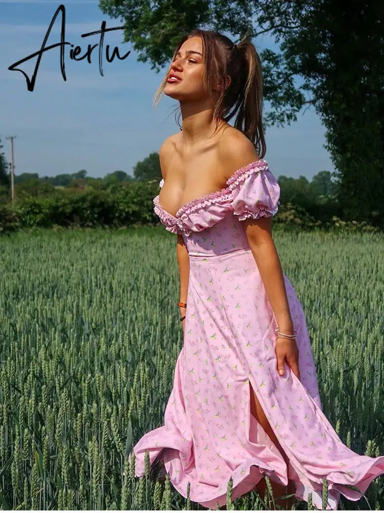 Casual Wear Summer High Quality Sexy Pink Dress Broken Off The Shoulder Backless Printing Dresses Long Skirt Women'S Clothing Aiertu