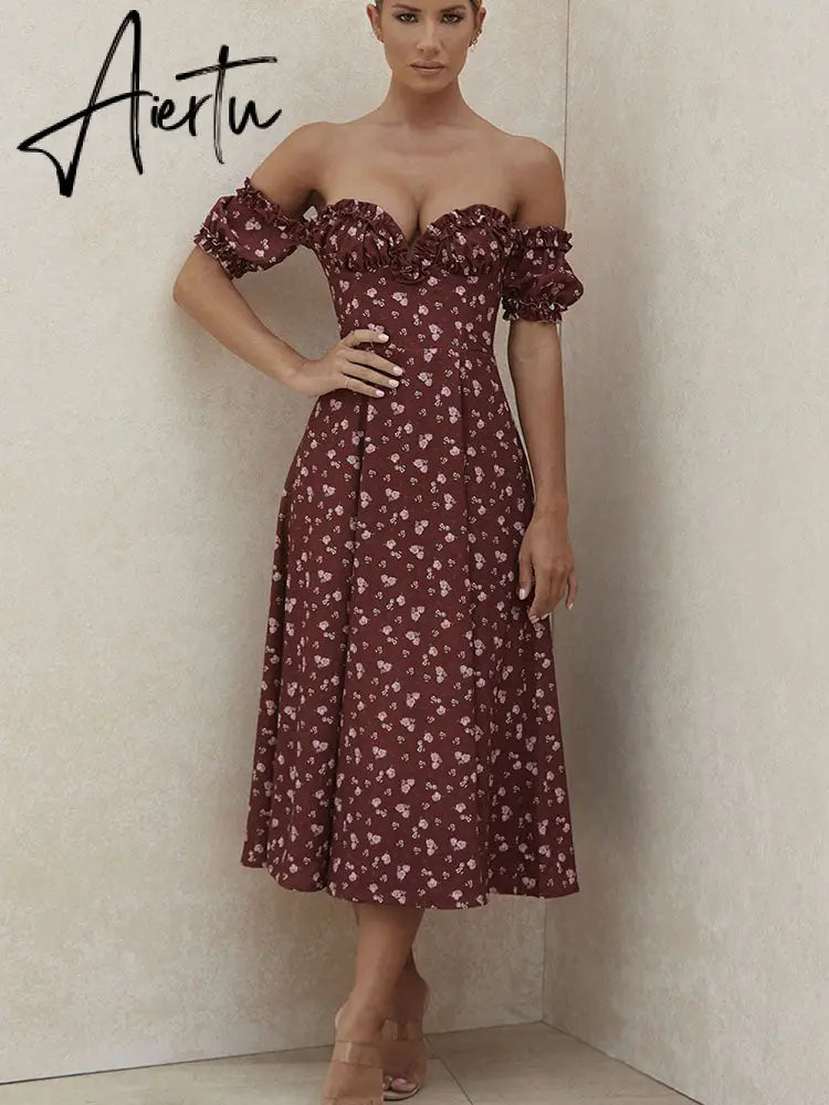 Casual Wear Summer High Quality Sexy Pink Dress Broken Off The Shoulder Backless Printing Dresses Long Skirt Women'S Clothing Aiertu