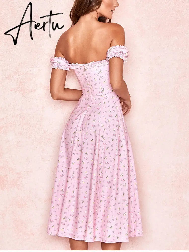 Casual Wear Summer High Quality Sexy Pink Dress Broken Off The Shoulder Backless Printing Dresses Long Skirt Women'S Clothing Aiertu