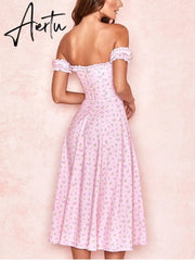 Casual Wear Summer High Quality Sexy Pink Dress Broken Off The Shoulder Backless Printing Dresses Long Skirt Women'S Clothing Aiertu