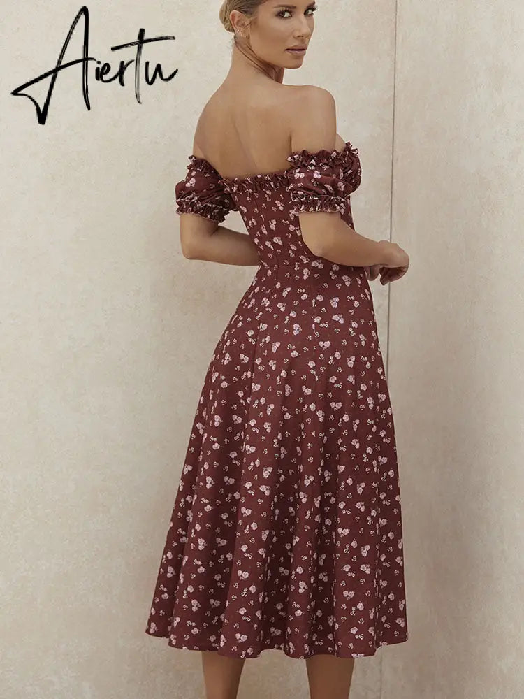 Casual Wear Summer High Quality Sexy Pink Dress Broken Off The Shoulder Backless Printing Dresses Long Skirt Women'S Clothing Aiertu