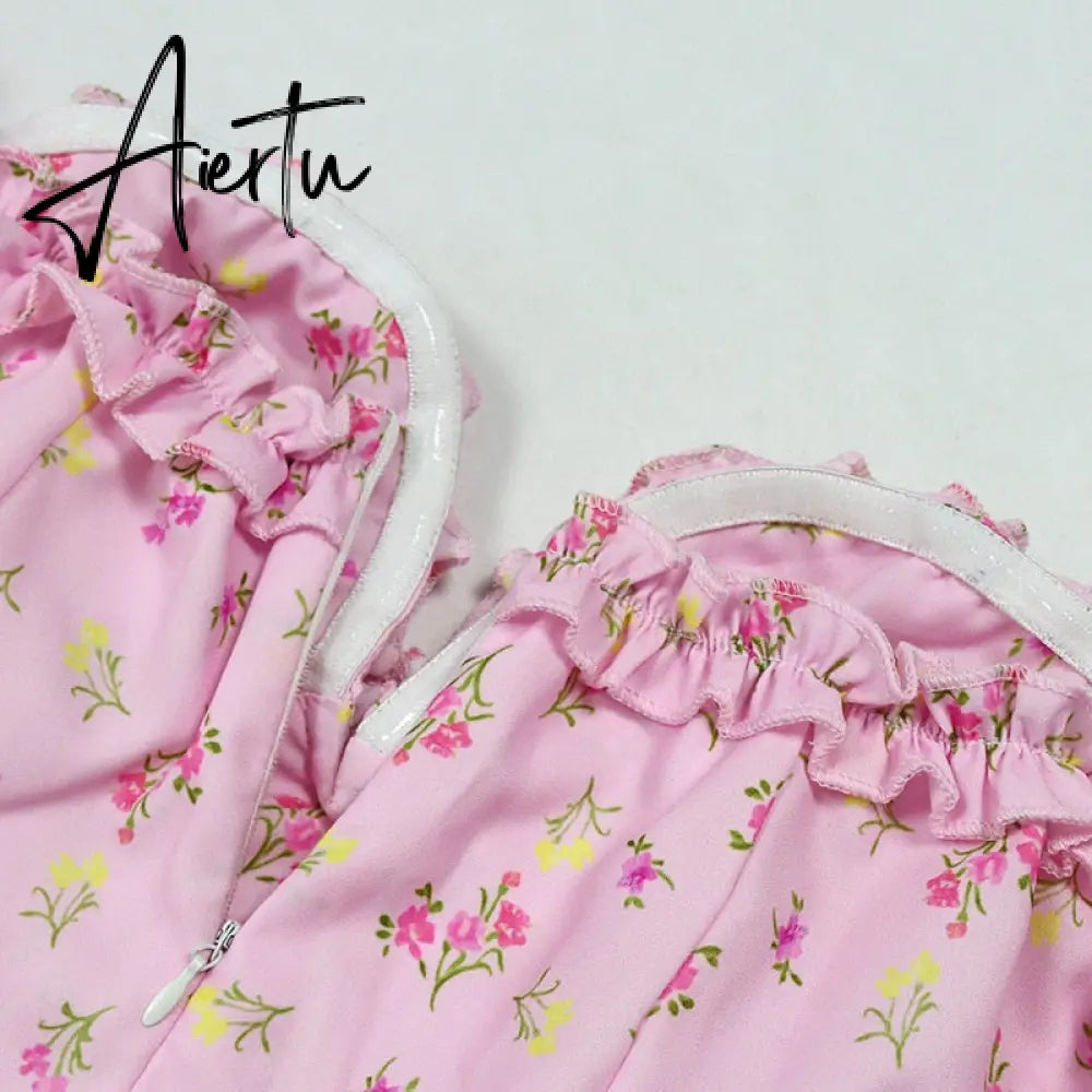 Casual Wear Summer High Quality Sexy Pink Dress Broken Off The Shoulder Backless Printing Dresses Long Skirt Women'S Clothing Aiertu