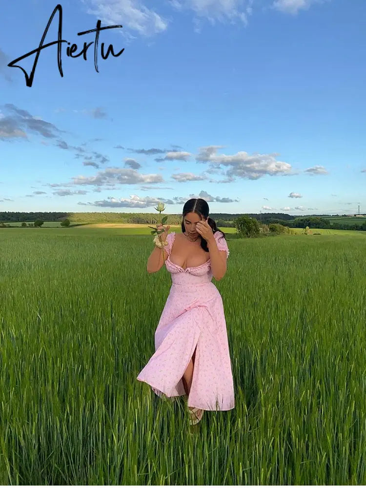 Casual Wear Summer High Quality Sexy Pink Dress Broken Off The Shoulder Backless Printing Dresses Long Skirt Women'S Clothing Aiertu