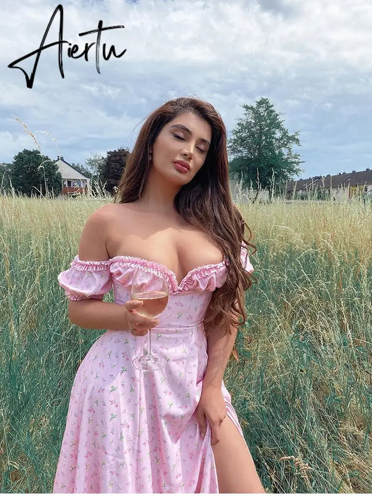 Casual Wear Summer High Quality Sexy Pink Dress Broken Off The Shoulder Backless Printing Dresses Long Skirt Women'S Clothing Aiertu