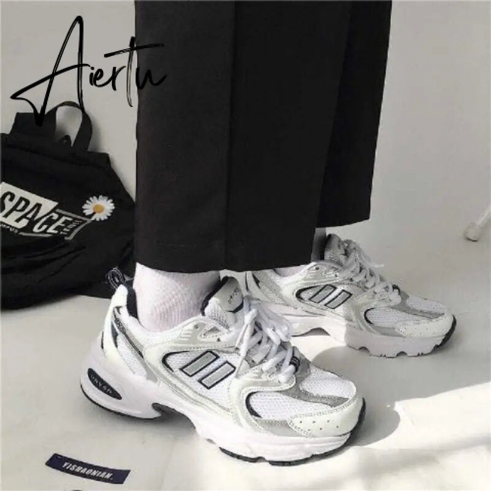Casual Women's Sports Shoes White Platform Lace Up Sneakers Jogging Mesh Tennis Female Comfortable Dad Shoes Runnig Aiertu