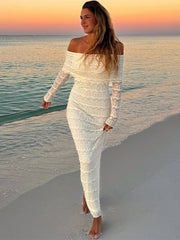 Aiertu  -  Elegant Off Shoulder Dress Bodycon Fashion Patchwork Long Sleeve Maxi Dresses For Women Beach Vacation Slim Party Dress Aiertu
