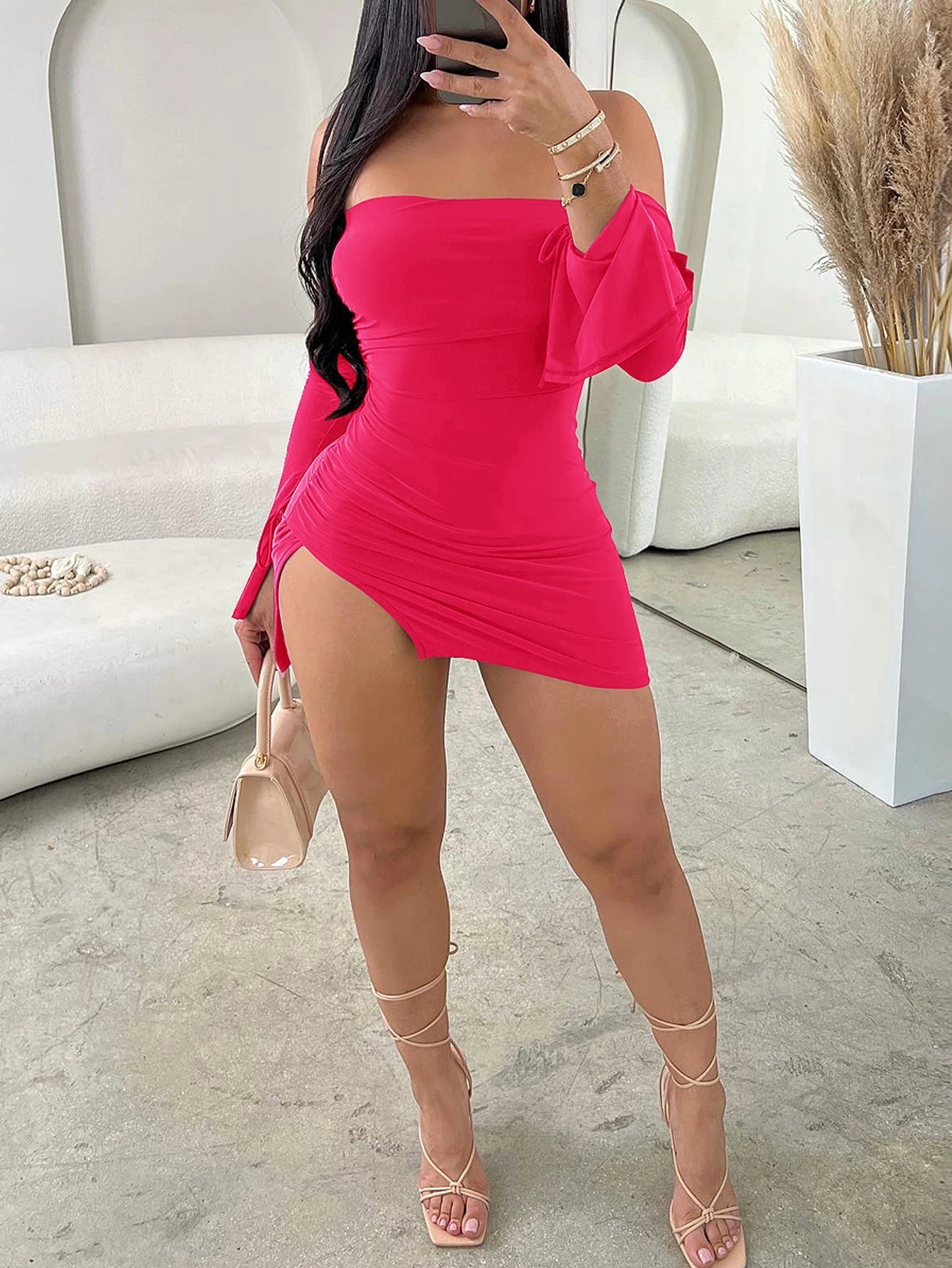 Aiertu Women Strapless Backless  Mini Dress For Women Black Off-shoulder Long Sleeve Bodycon Club Party Dress Clothes Aiertu