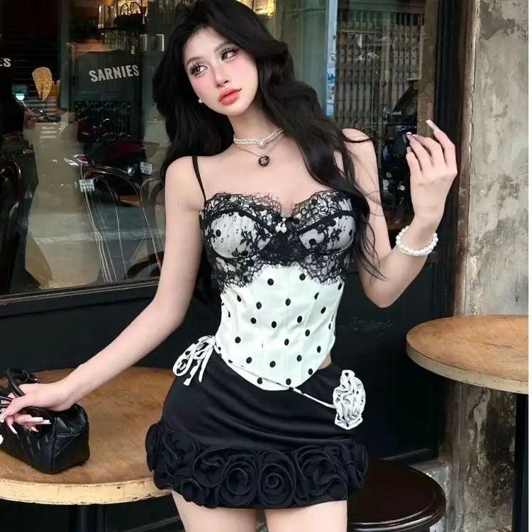Aiertu  -  Women Two Piece Set Sexy Lace Patchwork Crop Top Rose Hem Mini Skirt Black White Slim Fit Outfit Club Party Matching Suit 2025 Aiertu