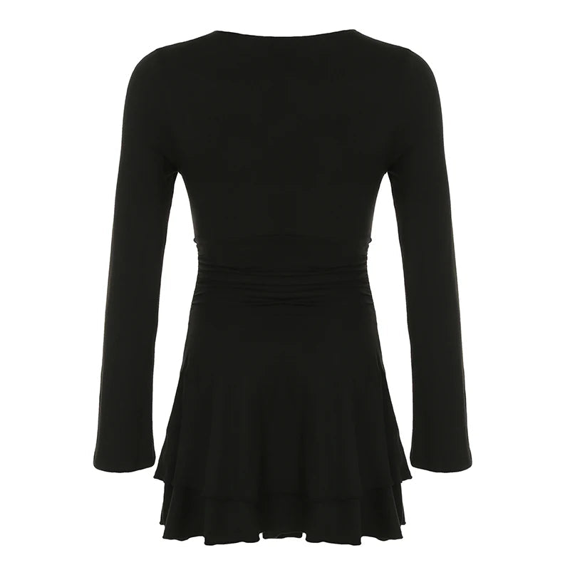 Aiertu  Black Slim V-Neck Low-Cut Long Sleeve Dresses Sexy Basic Women 2024s New Clothes Tierred Ruched Short Vestido Aiertu