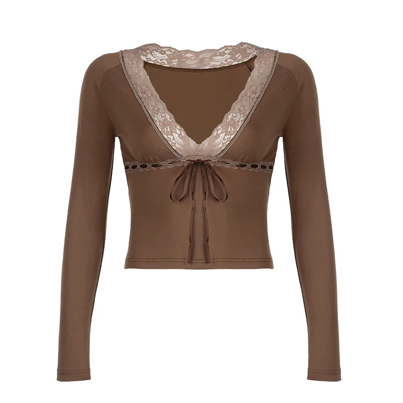 Aiertu  -  Women Lace Patchwork V Neck Cropped Top Retro Y2K Long Sleeve Knitted Lace-up T-shirt Autumn Fashion Fitted Tee Lady Aiertu