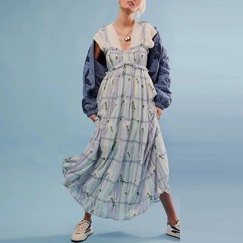 Aiertu  -  Elegant Tie-up Hight Waist Long Dress Women Sexy V-neck Sleeveless  Suspender Dress Fashion Colorful Striped Pleated Party Dress Aiertu