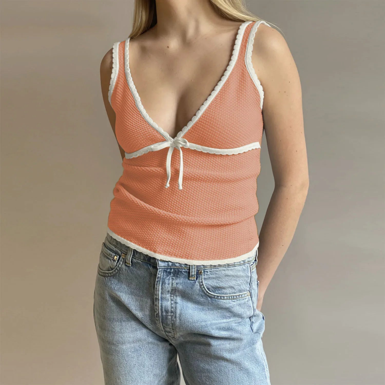 Aiertu  -  Retro Deep V Neck Crop Top Women Y2k Ruffle Vintage Tank Tops Womens Tie Up Bow Knitted Woman Backless Cute Tops 2026 New Aiertu