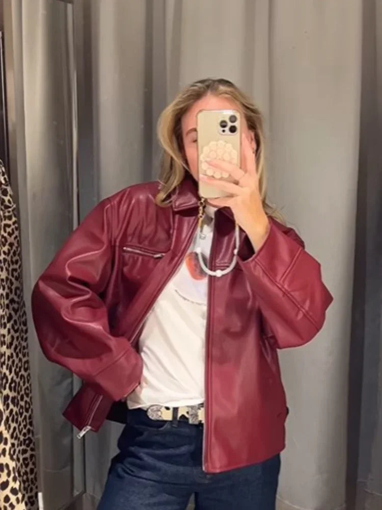 Aiertu  -  2026 New Women Solid Zipper Leather Jacket Vintage Lapel Long Sleeve Bomber Loose Coat Ins Fashion Lady Motorcycle Outerwear Aiertu