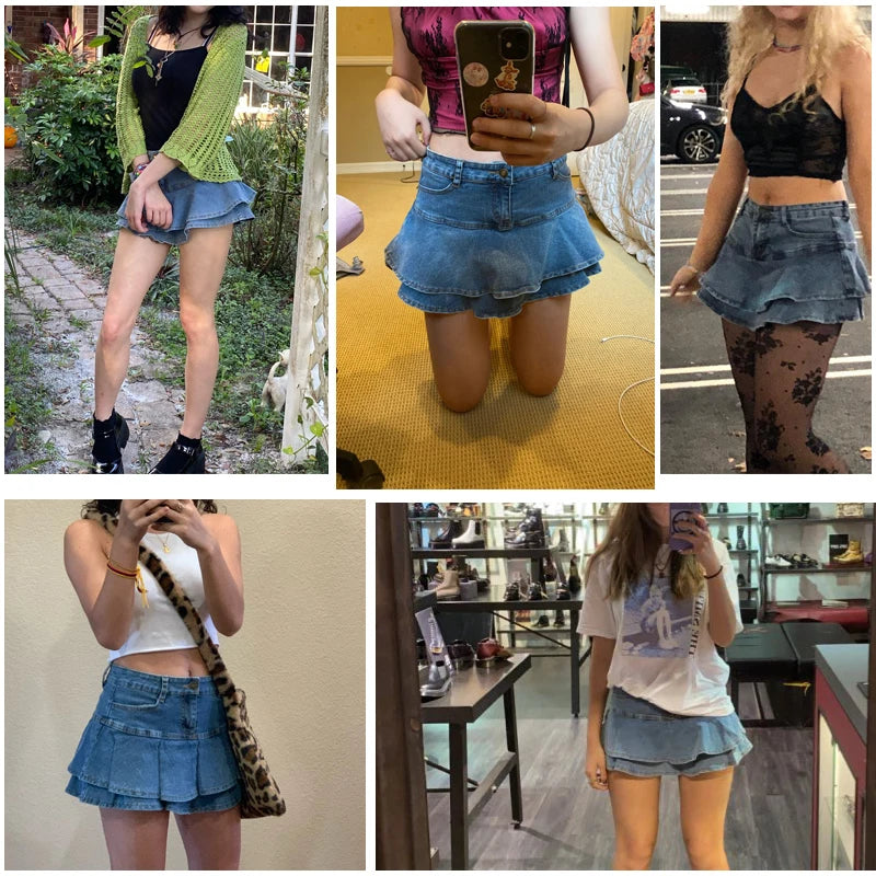 Aiertu summer inspo Ruffle Pleated Shorts Skirts Women Summer Low Waist A Line Y2K Denim Skirt Mini Short Jeans Skirts Outdoor Sex Skirt Woman Aiertu