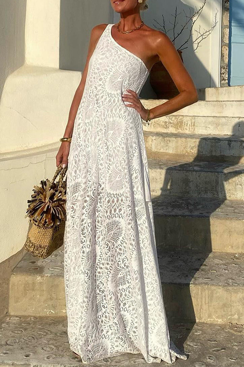 Aiertu  -Sexy Solid Color Lace Slit Sloping Shoulder Long Dresses aiertu
