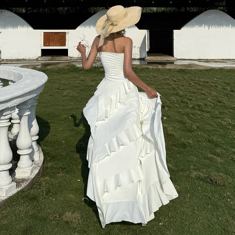 Aiertu  -  Strapless Ruffled Split Long Dresses Elegant Sexy White Asymmetrical Frilly Dresses for Woman Summer Clothes P94-DD49 Aiertu