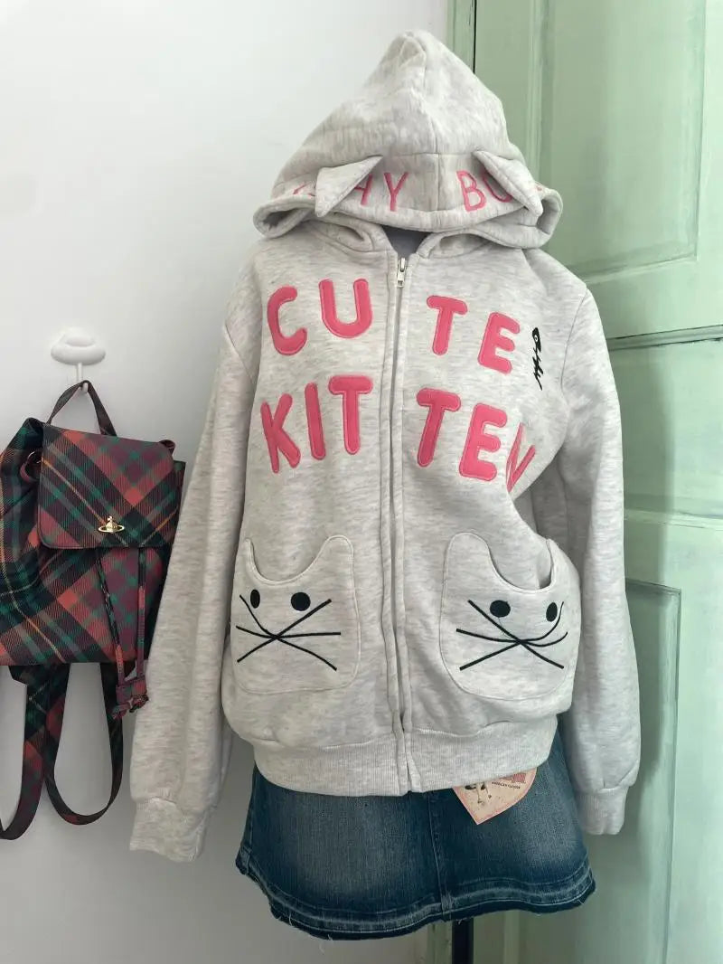 Aiertu  -  American Street Cartoon Cat Embroidered Cardigan Hooded Warm Top for Women Y2k Harajuku Loose Design Zipper Cat Ear Coat Ins Aiertu