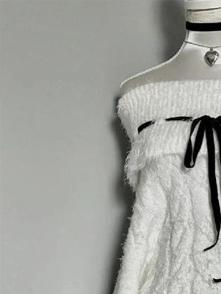 Aiertu  -  Y2k Aesthetic Bandage Lolita Sweater Women Slash Neck  Off Shlouder Twist Grunge Pullover Autumn Vintage Fairy Knitted Jumpers Aiertu