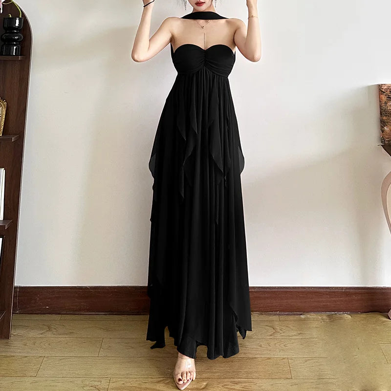 Aiertu  -  Chiffon Red Party Dresses Sexy Elagant Irregular Ruffle Sleeveless Backless Long Dresses for Women P94-FI59 Aiertu