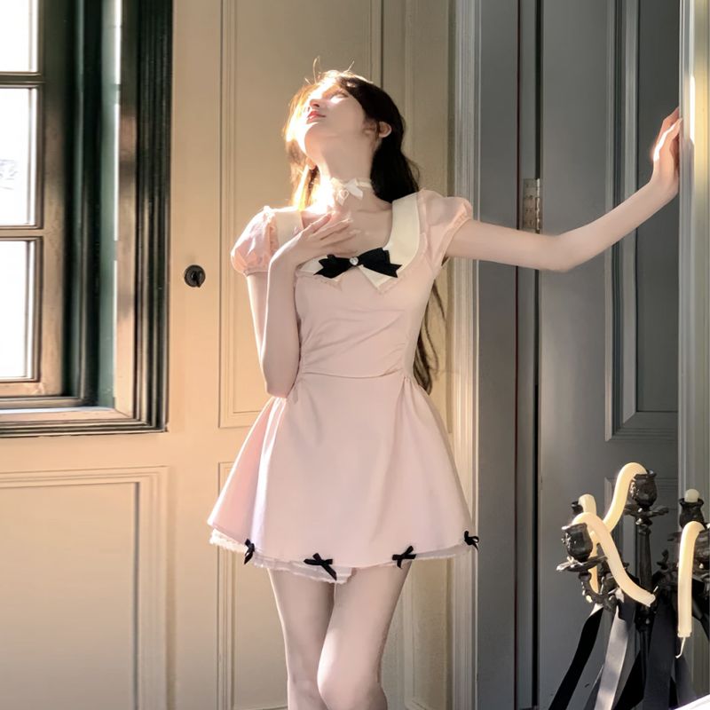 Aiertu  College Style Sweet and Cute Dress for Women with Summer Bow Puff Sleeves A-line Princess Skirt Aiertu