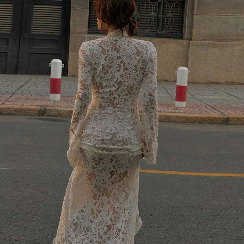 Aiertu  -  Lace Deep V-Neck Embroidery Ruffles Dress Women Sexy Slits See Through Solid Tassel Petal Cuffs Street Elegance Vestidos Aiertu