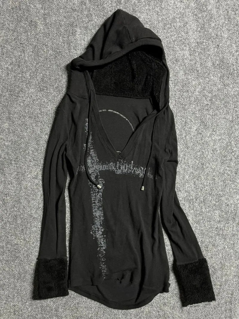 Aiertu  -  Y2k Aesthetic Fur Patchwork Long Sleeve T-shirt Women Gothic Punk Hooded Drawstring Tshirts Grunge Print Slim Fit Vintage Tees Aiertu
