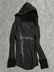 Aiertu  -  Y2k Aesthetic Fur Patchwork Long Sleeve T-shirt Women Gothic Punk Hooded Drawstring Tshirts Grunge Print Slim Fit Vintage Tees Aiertu