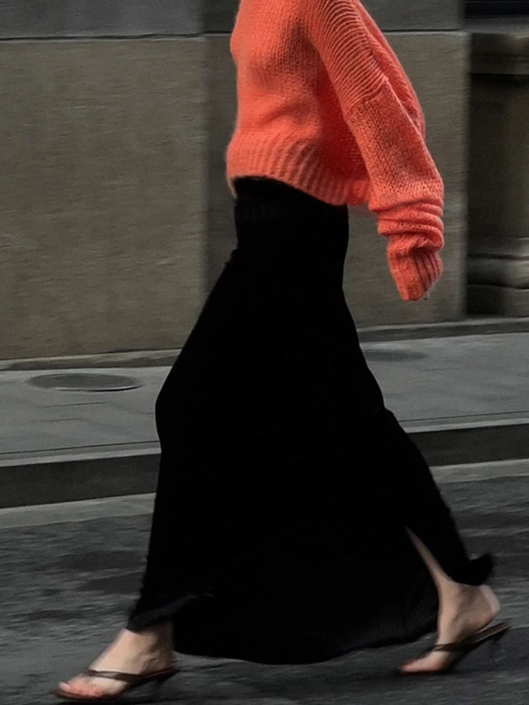 Aiertu  -  Maxi A-Line Skirt with Side Slit High Waist Black Long Straight Skirt Leg Velvet Drape Slimming Spring/Autumn Women Clothing Aiertu